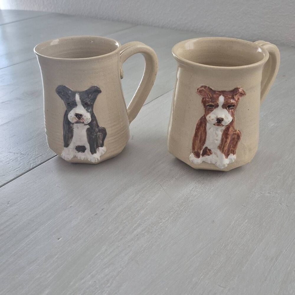 Pottery Handmade Beige Mugs 3D Dog set of 2